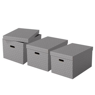 Esselte Large Storage Box With Lid, Pack Of 3, Home/Office Storage & Organisation, 100% Recycled Cardboard, 100% Recyclable, Home Geometric Design, Grey, 628287