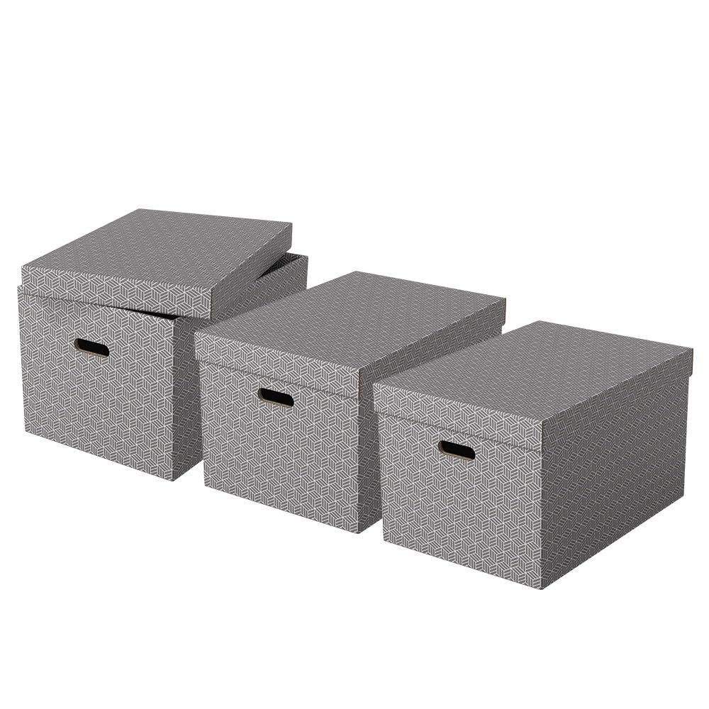 Esselte Large Storage Box With Lid, Pack Of 3, Home/Office Storage & Organisation, 100% Recycled Cardboard, 100% Recyclable, Home Geometric Design, Grey, 628287
