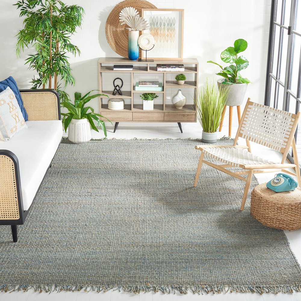 SAFAVIEH Natural Fiber Collection Area Rug - 10' x 14', Blue, Handmade Boho Fringe Woven Jute, Ideal for High Traffic Areas in Living Room, Bedroom (NF368E)