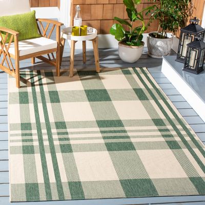 SAFAVIEH Washable Rug Outdoor Courtyard Collection - 5'3" x 7'7", Green & Beige, Plaid Pattern, Non-Shedding & Easy Cleaning, Ideal for Patio, Backyard, Mudroom (CY6201-322)