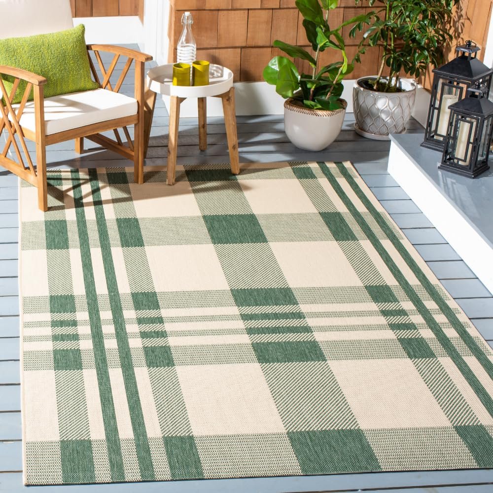 SAFAVIEH Washable Rug Outdoor Courtyard Collection - 5'3" x 7'7", Green & Beige, Plaid Pattern, Non-Shedding & Easy Cleaning, Ideal for Patio, Backyard, Mudroom (CY6201-322)