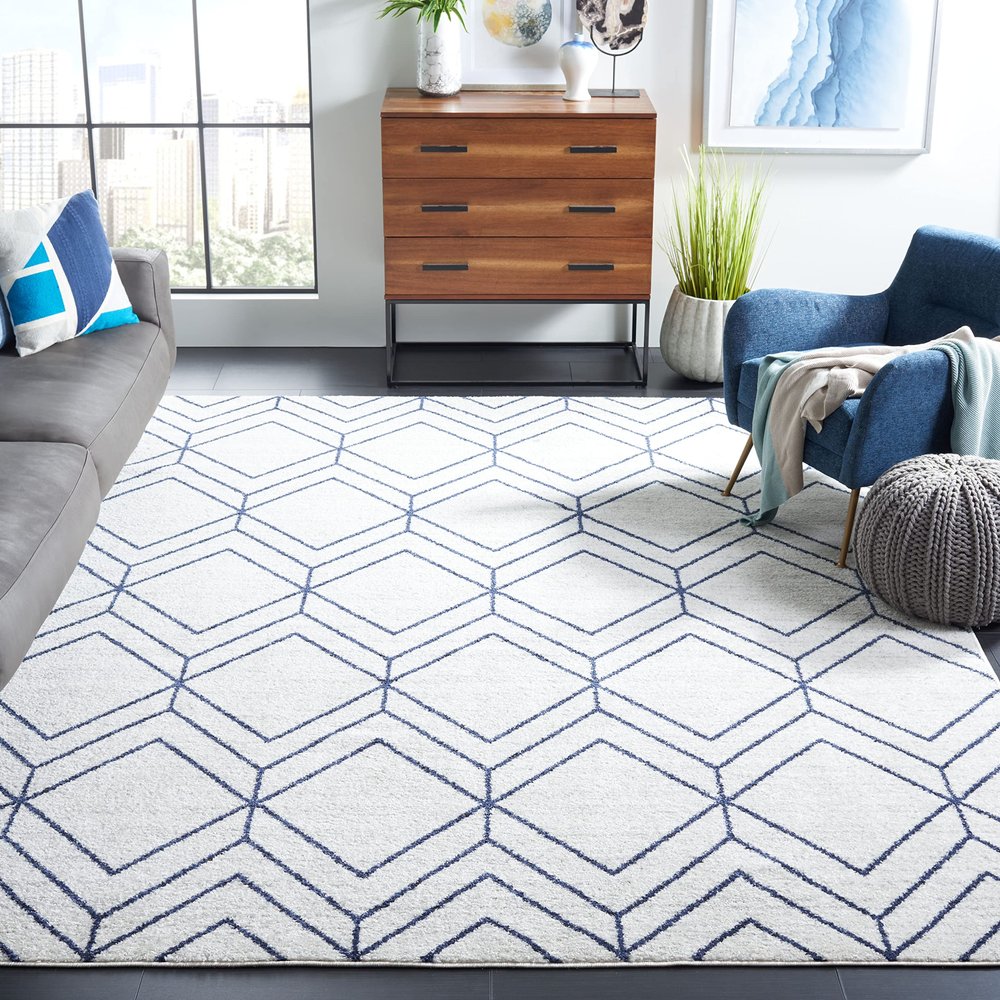 SAFAVIEH Area Rug 8x10 - Adirondack Collection - Large - Light Grey & Navy, Modern Geometric Design, Non-Shedding & Easy Cleaning, Ideal for Living Room, Bedroom, Office, Dining Space (ADR241N)
