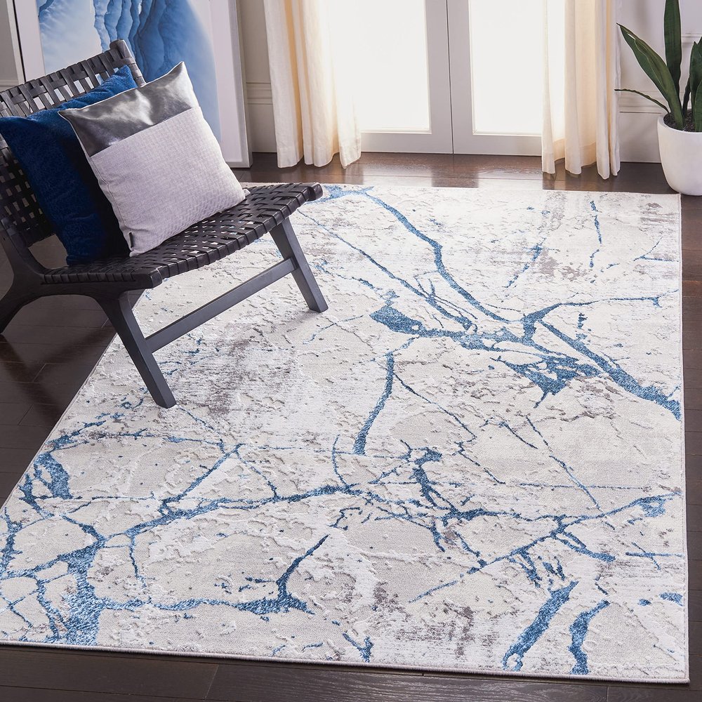 SAFAVIEH Amelia Collection Area Rug - 5' Square, Grey & Blue, Modern Abstract Design, Non-Shedding & Easy Care, Ideal for High Traffic Areas in Living Room, Bedroom (ALA293F)