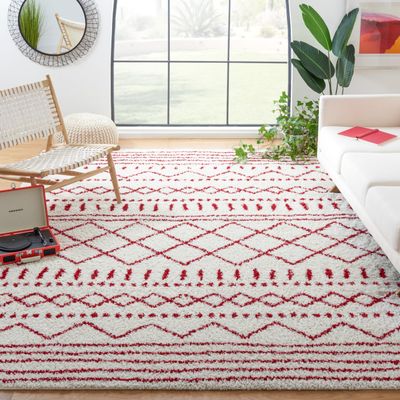 SAFAVIEH Area Rug 8x10 - Arizona Shag Collection - Large - Ivory & Red, Moroccan Boho Design, Non-Shedding & Easy to Clean, Ideal for Living Room, Bedroom, Dining Space (ASG741P)
