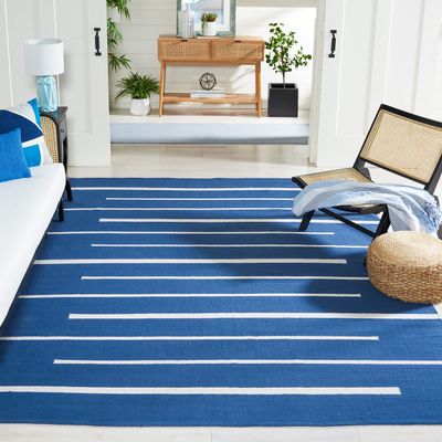 SAFAVIEH Montauk Collection Area Rug - 9' x 12', Navy & Ivory, Handmade Flat Weave Boho Farmhouse Cotton Modern Stripe, Ideal for High Traffic Areas in Living Room, Bedroom (MTK311N)