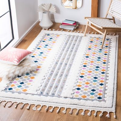 SAFAVIEH Area Rug 8x10 - Moroccan Fringe Shag Collection - Large - Ivory & Grey, Boho Design, Non-Shedding & Easy Cleaning, Plush Thick Pile, Ideal for Living Room, Bedroom, Dining Space (MFG102A)