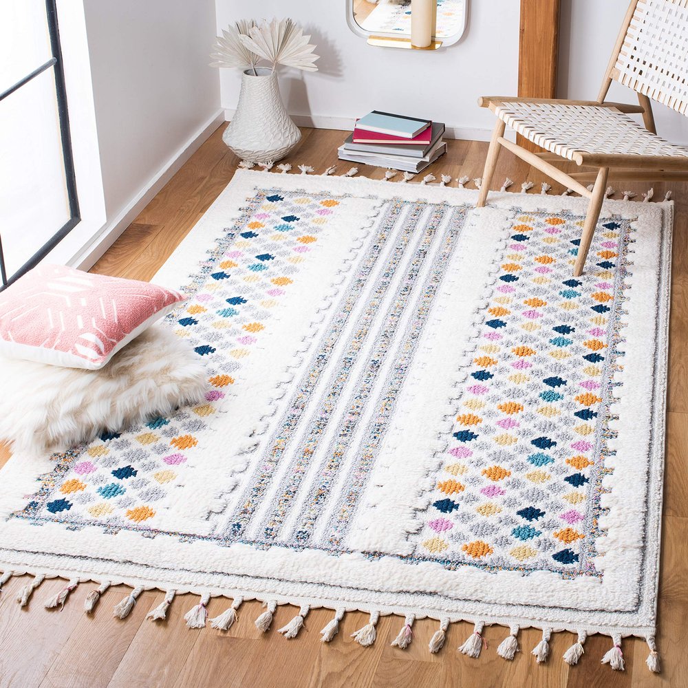 SAFAVIEH Area Rug 8x10 - Moroccan Fringe Shag Collection - Large - Ivory & Grey, Boho Design, Non-Shedding & Easy Cleaning, Plush Thick Pile, Ideal for Living Room, Bedroom, Dining Space (MFG102A)