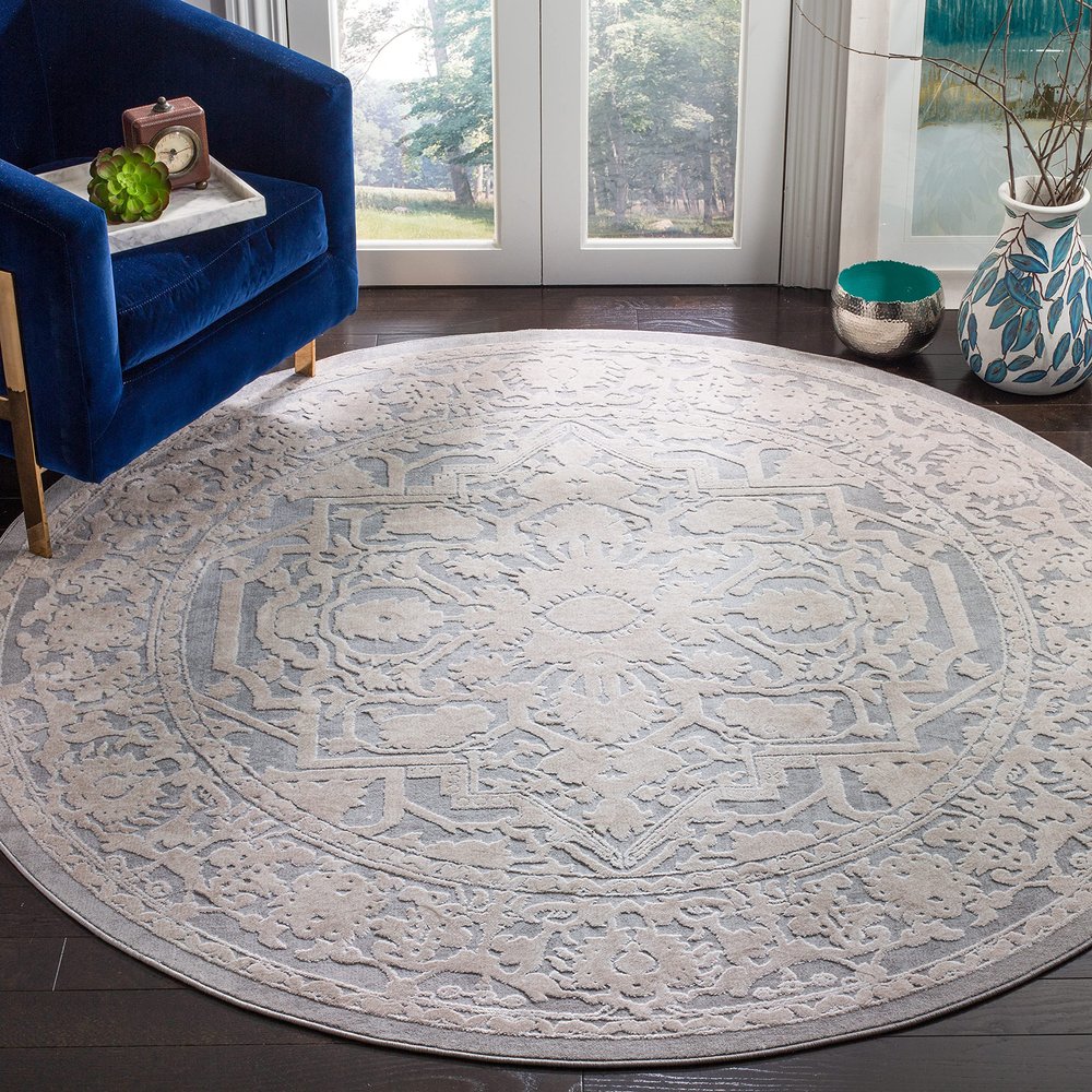 SAFAVIEH Area Rug 3' Round - Reflection Collection - Light Grey & Cream, Non-Shedding & Easy Cleaning, Ideal for Foyer, Living Room, Bedroom (RFT665C)