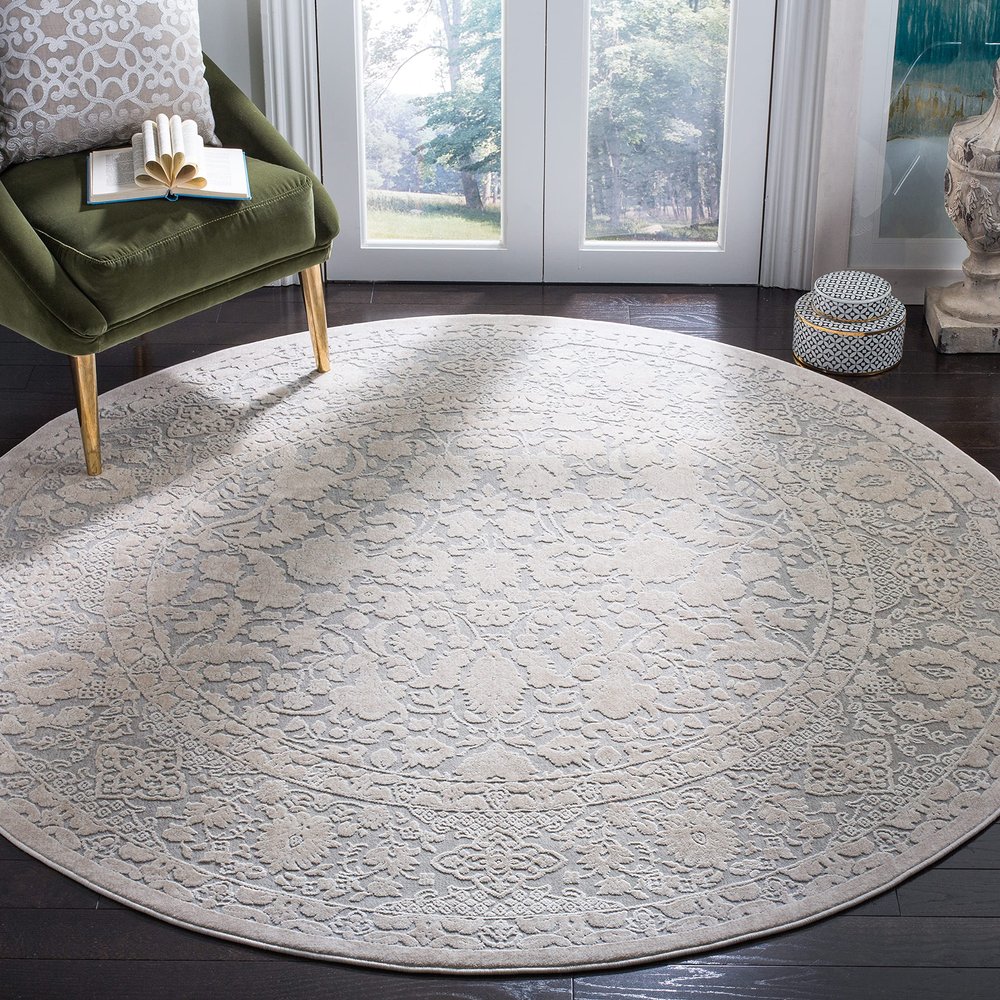 SAFAVIEH Area Rug 3' Round - Reflection Collection - Light Grey & Cream, Non-Shedding & Easy Cleaning, Ideal for Foyer, Living Room, Bedroom (RFT667C)