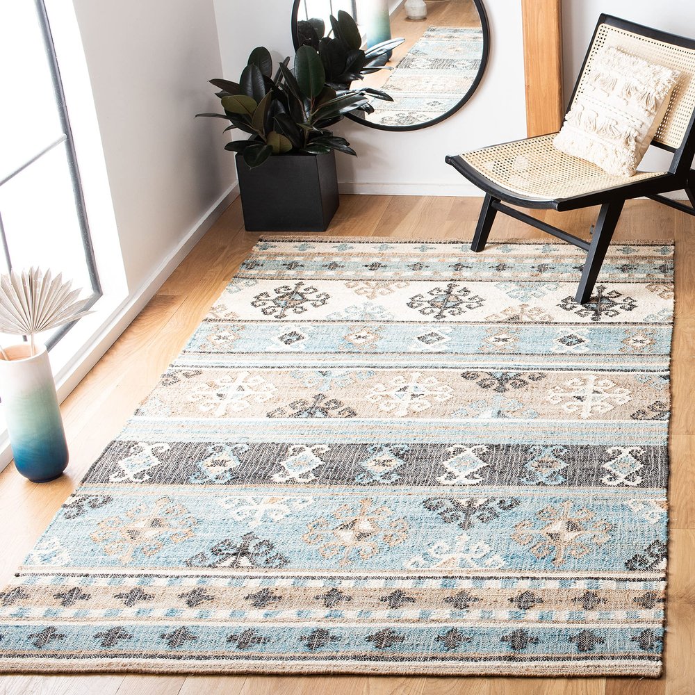 SAFAVIEH Kilim Collection Accent Rug - 3' x 5', Blue & Ivory, Flat Weave Jute Design, Ideal for High Traffic Areas in Entryway, Living Room, Bedroom (KLM754M)