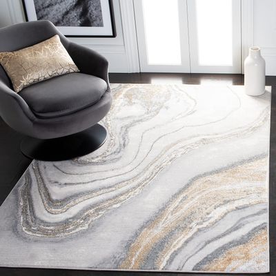 SAFAVIEH Orchard Collection Area Rug - 5' Square, Grey & Gold, Modern Abstract Design, Non-Shedding & Easy Care, Ideal for High Traffic Areas in Living Room, Bedroom (ORC637G)