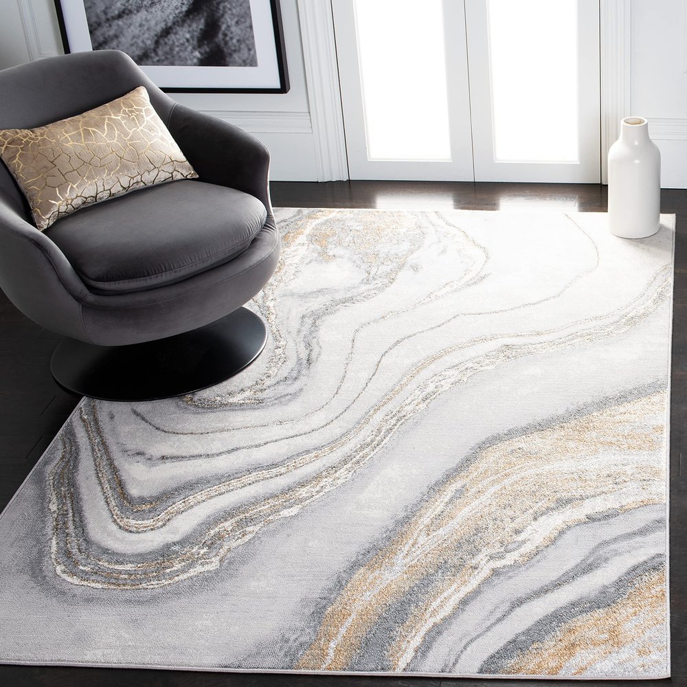 SAFAVIEH Orchard Collection Area Rug - 5' Square, Grey & Gold, Modern Abstract Design, Non-Shedding & Easy Care, Ideal for High Traffic Areas in Living Room, Bedroom (ORC637G)