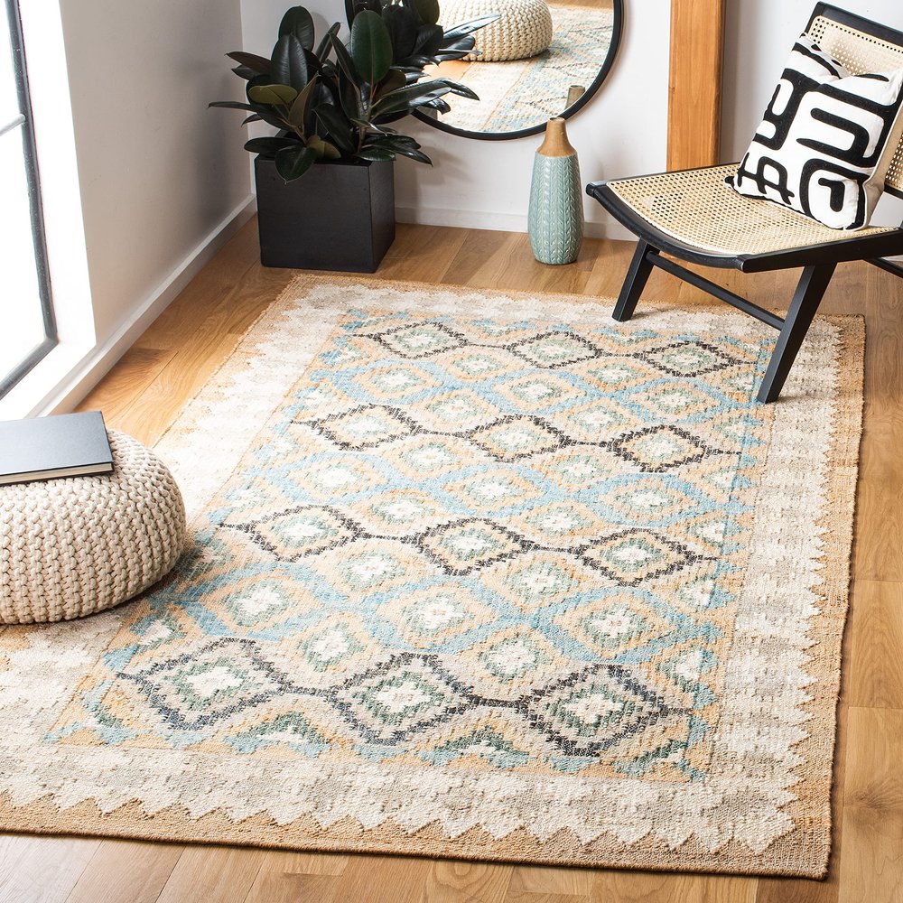SAFAVIEH Kilim Collection Accent Rug - 3' x 5', Blue & Ivory, Handmade Flat Weave Jute, Ideal for High Traffic Areas in Entryway, Living Room, Bedroom (KLM756M)