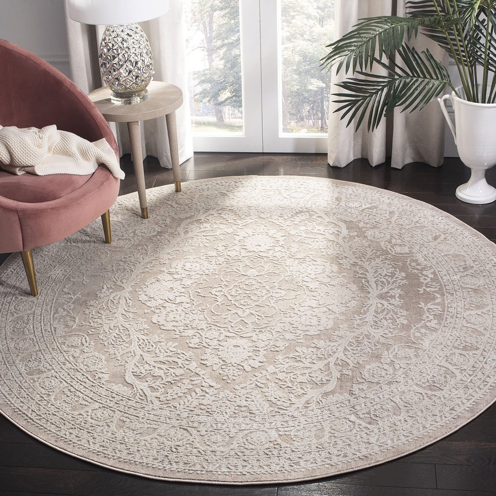 SAFAVIEH Area Rug 3' Round - Reflection Collection - Beige & Cream, Non-Shedding & Easy Cleaning, Ideal for Entryway, Living Room, Bedroom (RFT668A)