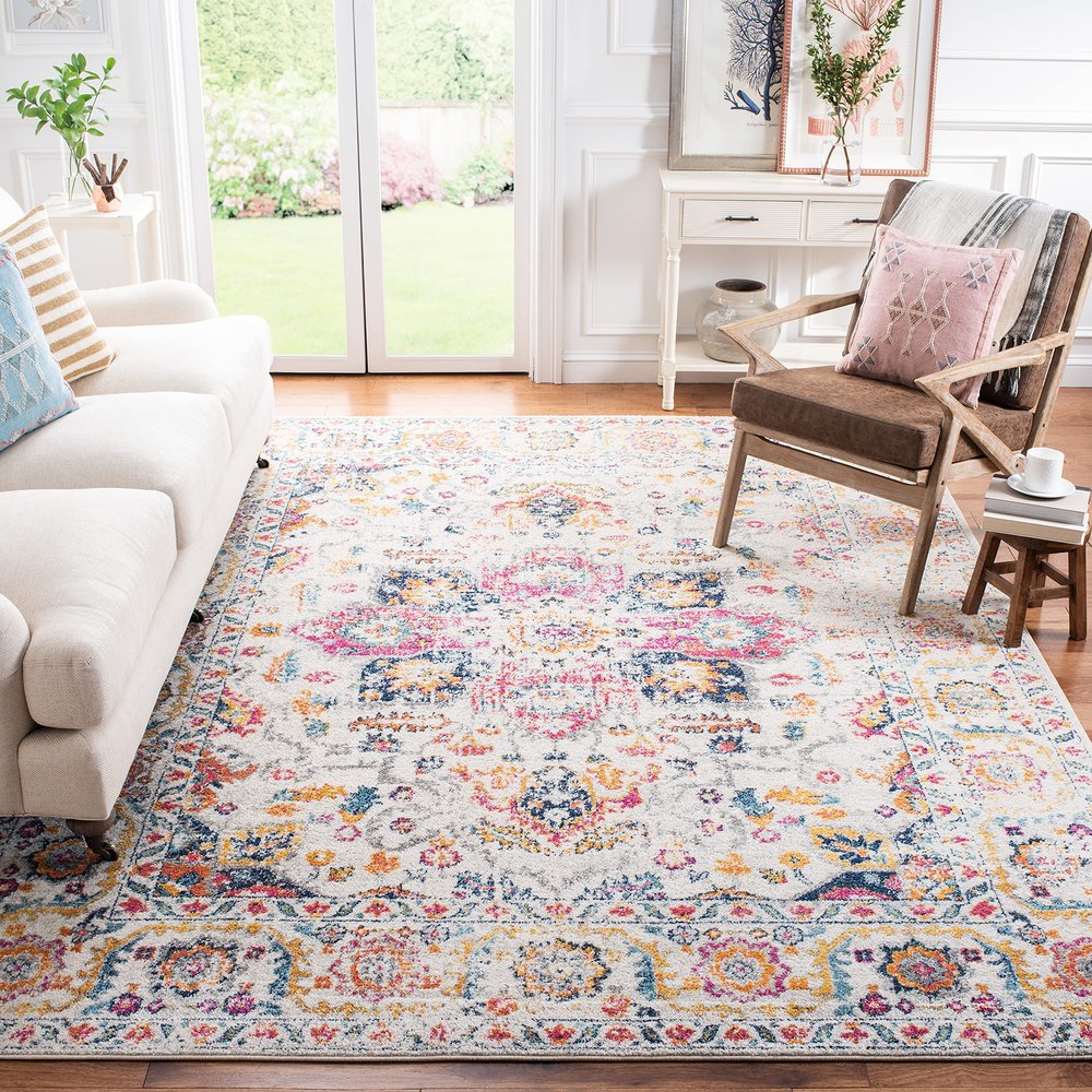 SAFAVIEH Madison Collection Area Rug - 8' Square, Purple Pink Fuchsia & Ivory Boho Chic Distressed Design, Non-Shedding & Easy Cleaning, Ideal for Living Room, Bedroom, Office, Dining Space (MAD603R)