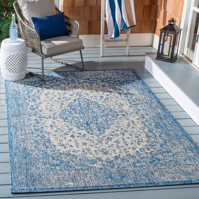 SAFAVIEH Washable Rug Outdoor Courtyard Collection - 6'7" x 9'6", Blue & Grey, Non-Shedding & Easy Cleaning, Ideal for Patio, Backyard, Mudroom (CY8720-36812)