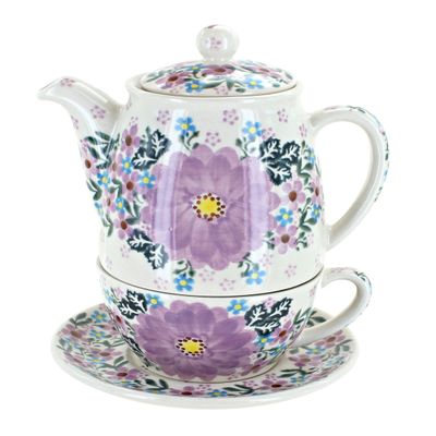 Blue Rose Polish Pottery - Purple Lilac Garden Tea For One - 7.5" Tall - Decorative Teapot with Matching Cup, Unique Gift for Tea Lovers and Collectors