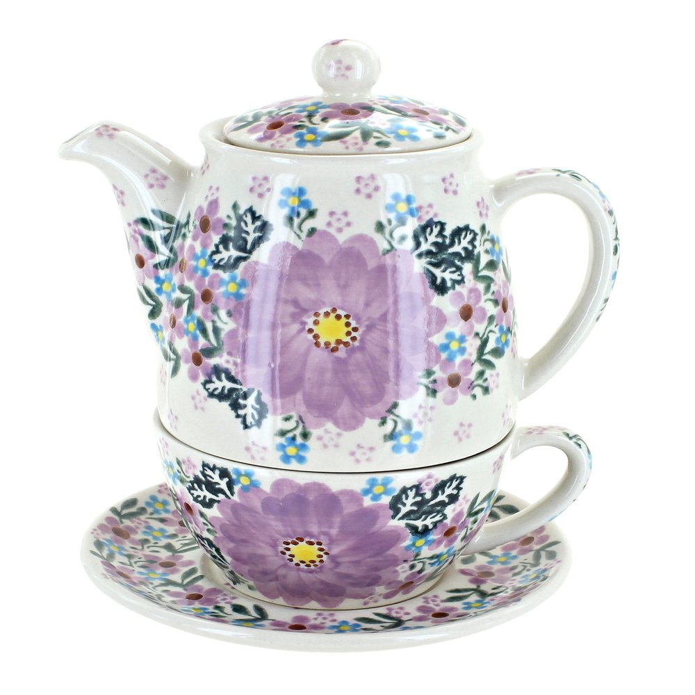 Blue Rose Polish Pottery - Purple Lilac Garden Tea For One - 7.5" Tall - Decorative Teapot with Matching Cup, Unique Gift for Tea Lovers and Collectors