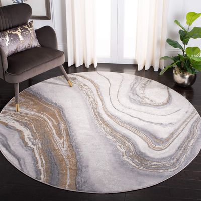 SAFAVIEH Orchard Collection Area Rug - 5' Round, Grey & Gold, Modern Abstract Design, Non-Shedding & Easy Care, Ideal for High Traffic Areas in Living Room, Bedroom (ORC637G)