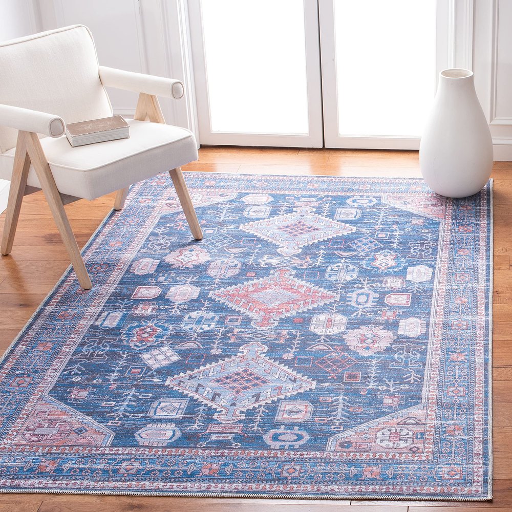 SAFAVIEH Washable Rug Serapi Collection - 8' x 10', Blue & Ivory, Slip Resistant & Easy to Clean, Ideal for Living Room, Bedroom, Dining Space (SEP513M)