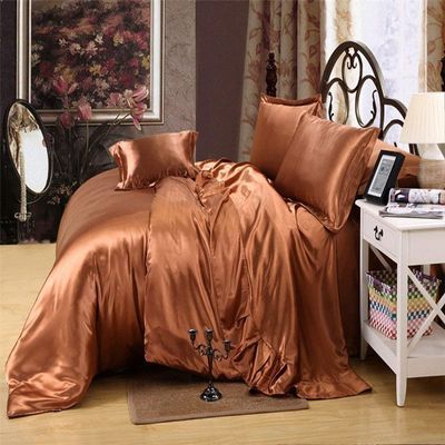 Dhruvi Bedding Hotel Quality 100% Silky Satin 5 Piece Comforter Sheet Set (Box Stitched Pattern Comforter + Fitted Sheet 18" Deep Pocket + Flat Sheet + 2 Pillow Cover) (Short Queen,Brown)