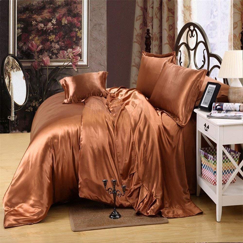Dhruvi Bedding Hotel Quality 100% Silky Satin 5 Piece Comforter Sheet Set (Box Stitched Pattern Comforter + Fitted Sheet 18" Deep Pocket + Flat Sheet + 2 Pillow Cover) (Short Queen,Brown)