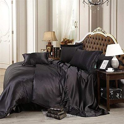 Dhruvi Bedding Hotel Quality 100% Silky Satin 5 Piece Comforter Sheet Set (Box Stitched Pattern Comforter + Fitted Sheet 18" Deep Pocket + Flat Sheet + 2 Pillow Cover) (Twin XL,Black)