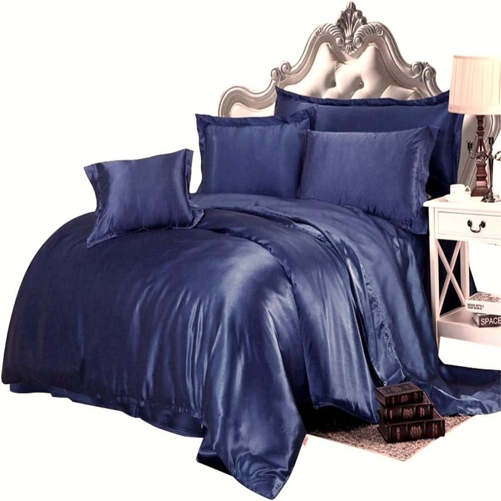 Dhruvi Bedding Hotel Quality 100% Silky Satin 5 Piece Comforter Sheet Set (Box Stitched Pattern Comforter + Fitted Sheet 18" Deep Pocket + Flat Sheet + 2 Pillow Cover) (Twin,Navy Blue)