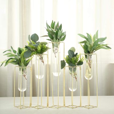 12" Test Tube Vase for Flowers Glass Vase with Metal Stand Racks Gold Vase Conjoined for Plants Office Home