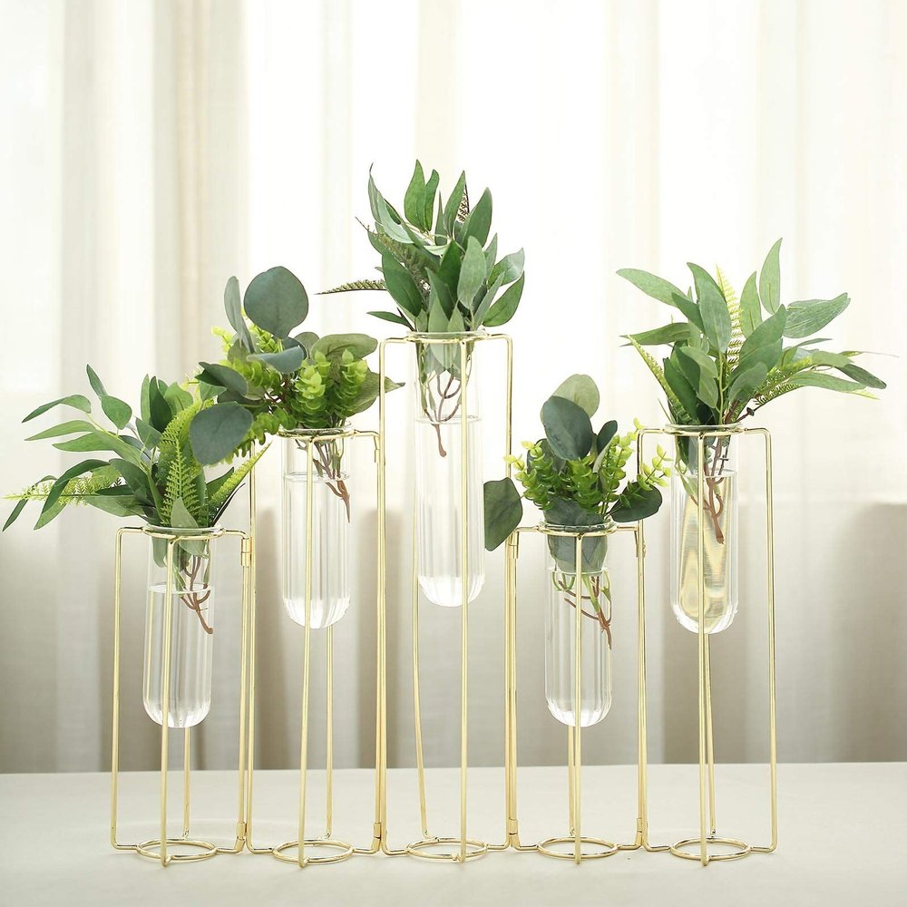 12" Test Tube Vase for Flowers Glass Vase with Metal Stand Racks Gold Vase Conjoined for Plants Office Home