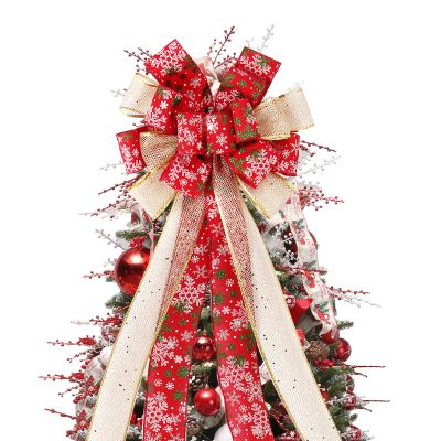 Christmas Tree Topper Bow, 44X12 Inch Artificial Xmas Tree Flower Topper Decor, for Family, Wedding, Birthday Party, Indoor Outdoor Thanksgiving Christmas Decoration - Red/Gold/Snowflake.