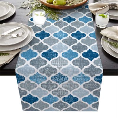 Dining Table Runner Dresser Scarf Linen Burlap Fabric,Moroccan Geometric Quatrefoil Lattice Blue Gray Pattern Washable Table Runners 70 Inches Long for Farmhouse Home Kitchen Wedding Party Decor