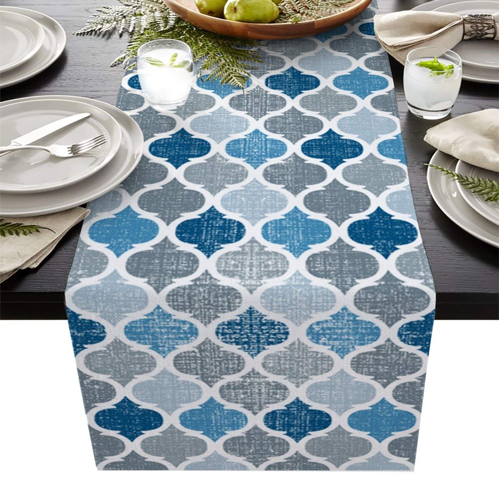 Dining Table Runner Dresser Scarf Linen Burlap Fabric,Moroccan Geometric Quatrefoil Lattice Blue Gray Pattern Washable Table Runners 70 Inches Long for Farmhouse Home Kitchen Wedding Party Decor