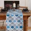 Dining Table Runner Dresser Scarf Linen Burlap Fabric,Moroccan Geometric Quatrefoil Lattice Blue Gray Pattern Washable Table Runners 70 Inches Long for Farmhouse Home Kitchen Wedding Party Decor view 2