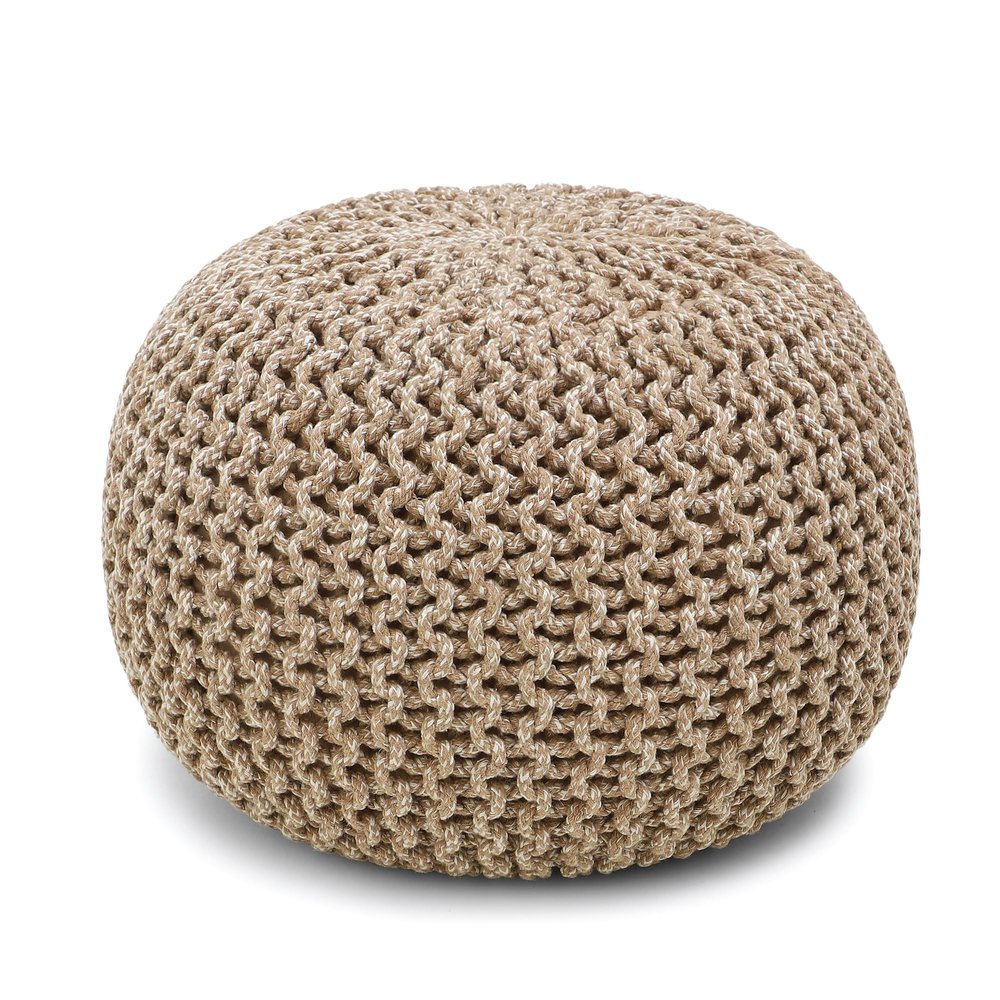 REDEARTH Round Pouf Ottoman - Hand Knitted Cable Boho Poof Home Dcor Pouffe Circular Footrest for Living Room - Nursery - Bedroom - Lounge 100% Cotton (19.5"x19.5"x14") - Beige Ivory