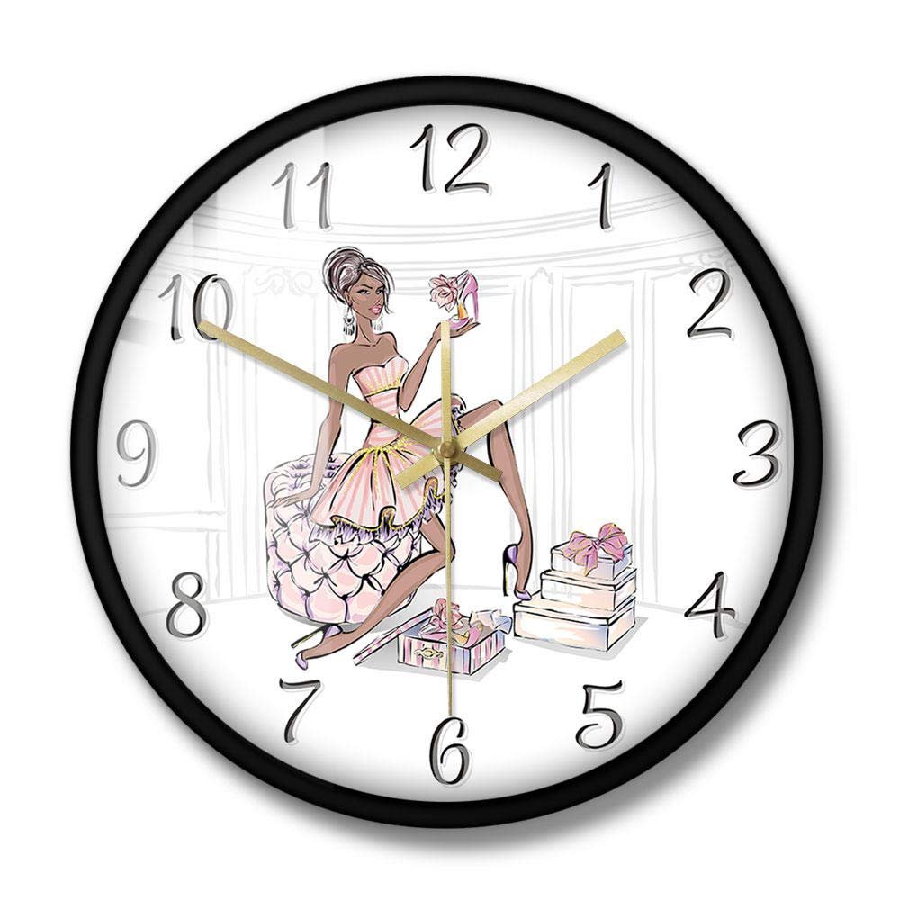 Fashion Girl with Shoes Wall Clock Tide Shop Boutique Decoration Hanging Wall Watch Silent Non-Ticking Clock(Metal Frame)