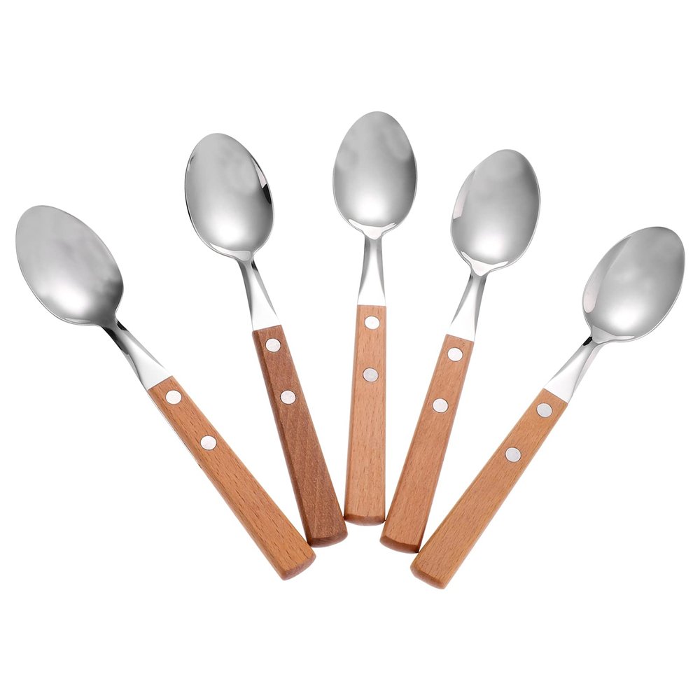 Cabilock Western Style Dessert Spoons 5pcs Stainless Steel Scoops with Comfortable Wood Handles for Tea Parties Gatherings