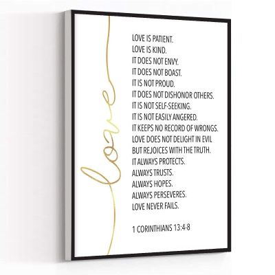 Canvas Wall Art Love Is Patient,Love Is Kind,1 Corinthians 13:4-8,Bible Verse Poster Artwork Wall Art for Living Room Bedroom Bathroom Room Office Decor Framed 8''x12''