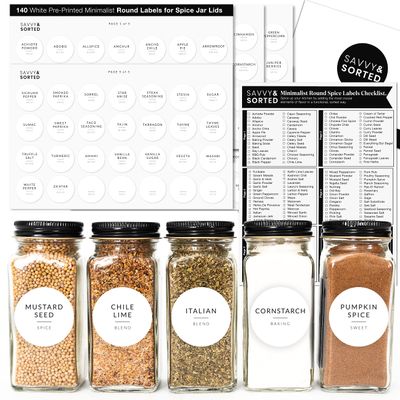 Round Spice Labels Stickers for Glass Jars - 140 Preprinted Waterproof Spice Jar Labels Stickers for Top of Lids, Seasoning Labels Only, Kitchen Pantry Organization