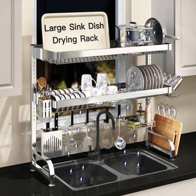 3 Tier Extra Large Stainless Steel Expandable Over The Sink Dish Drainer Drying Rack, Rust Proof Metal, Space Saving, Modern Silver Big Capacity Extendable Plate Strainers Above Kitchen Counter