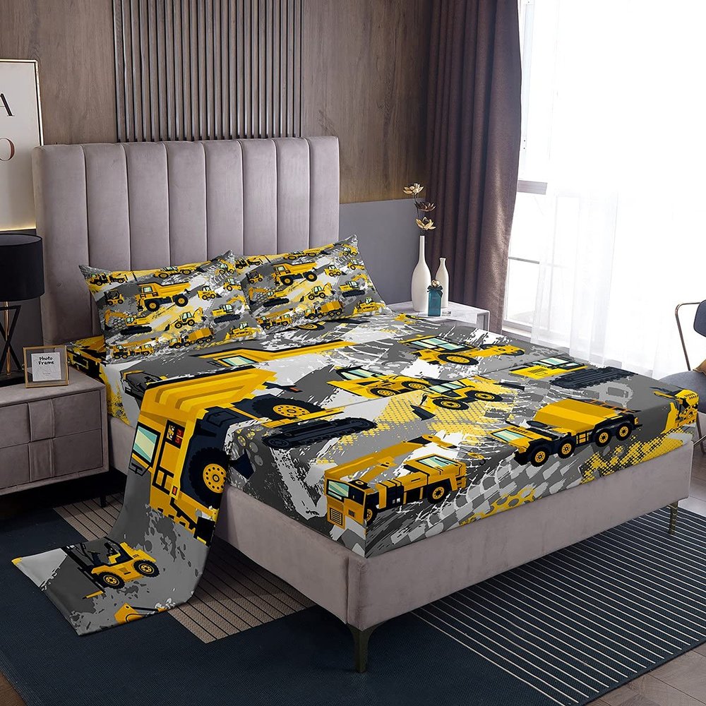 Kids Cartoon Car Bed Sheet Set Queen Size Boys Construction Vehicles Bedding Set for Teens Children Cartoon Machinery Truck Bed Sheets Set Construction Site Cars Bed Cover 4Pcs, Super Soft,Breathable