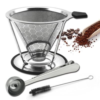 LIGICKY Reusable Coffee Filter Professional Manual Stainless Steel Coffee Dripper Cone Coffee Strainer Paperless Coffee Maker for 2-4 people with Removable Cup Stand, Cleaning Brush, Coffee Scoop