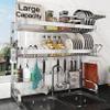 3 Tier Extra Large Stainless Steel Expandable Over The Sink Dish Drainer Drying Rack, Rust Proof Metal, Space Saving, Modern Silver Big Capacity Extendable Plate Strainers Above Kitchen Counter view 1