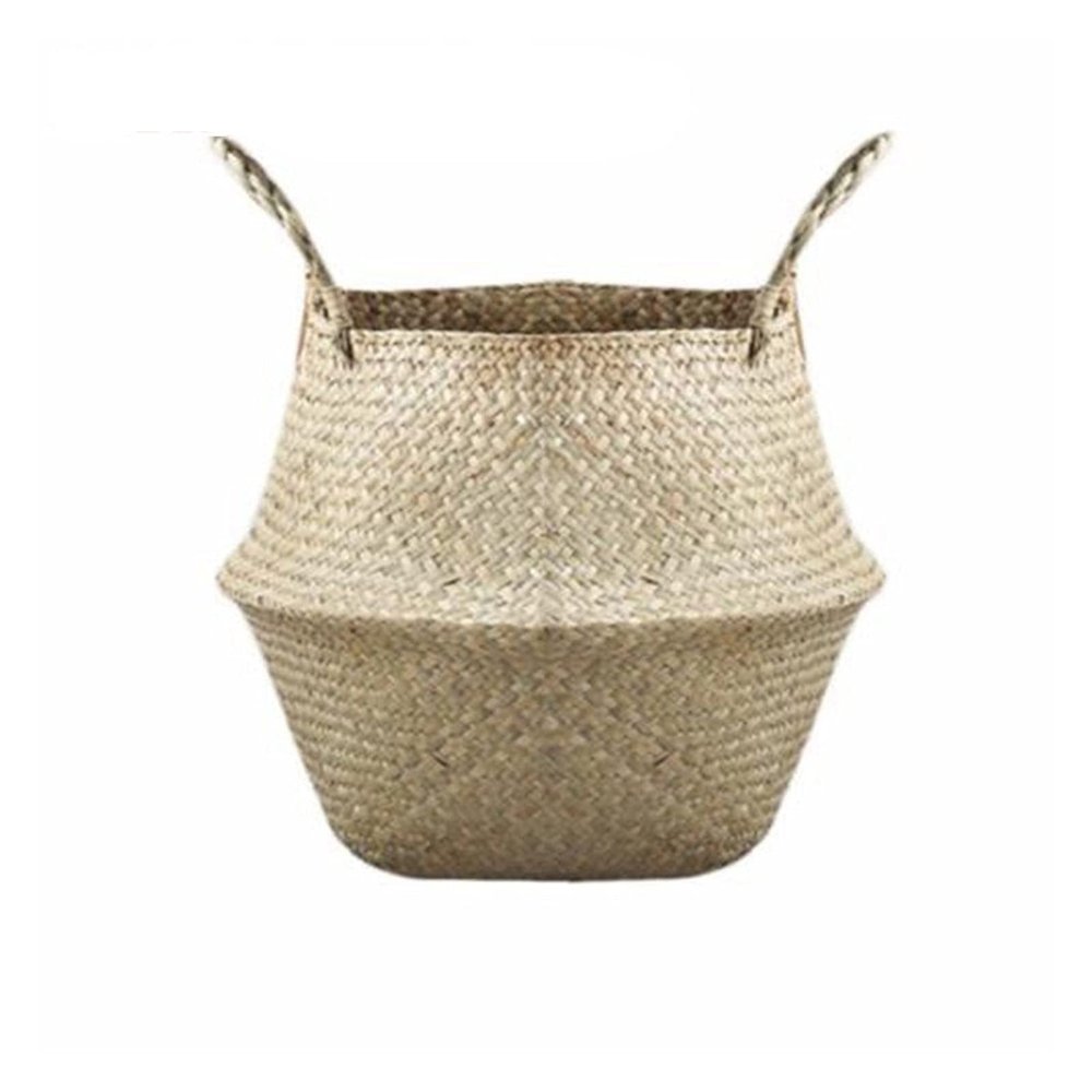 12x16x15cm Storage Basket Rattan Straw Basket Wicker Seagrasss Folding Laundry Flower Pot Flower Vase Home Hanging Basket (Color : A)