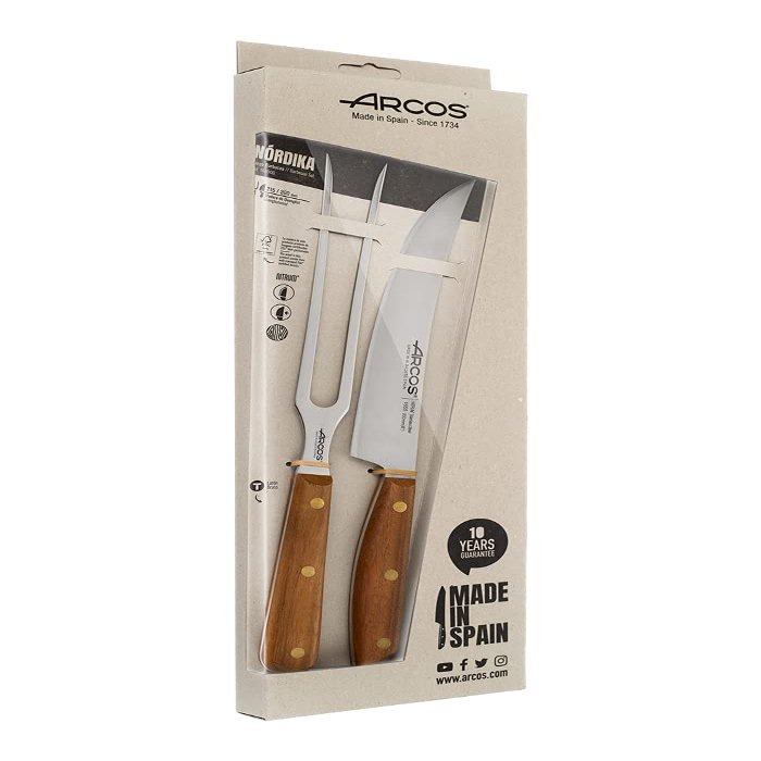 Arcos Serie Nordika - Set of 2 barbaque tools (Barbaque knife + Carving fork) - Stainless Steel NITRUM - Handle of wood Ovengkol 100% natural FSC - Packaging 100% recycled