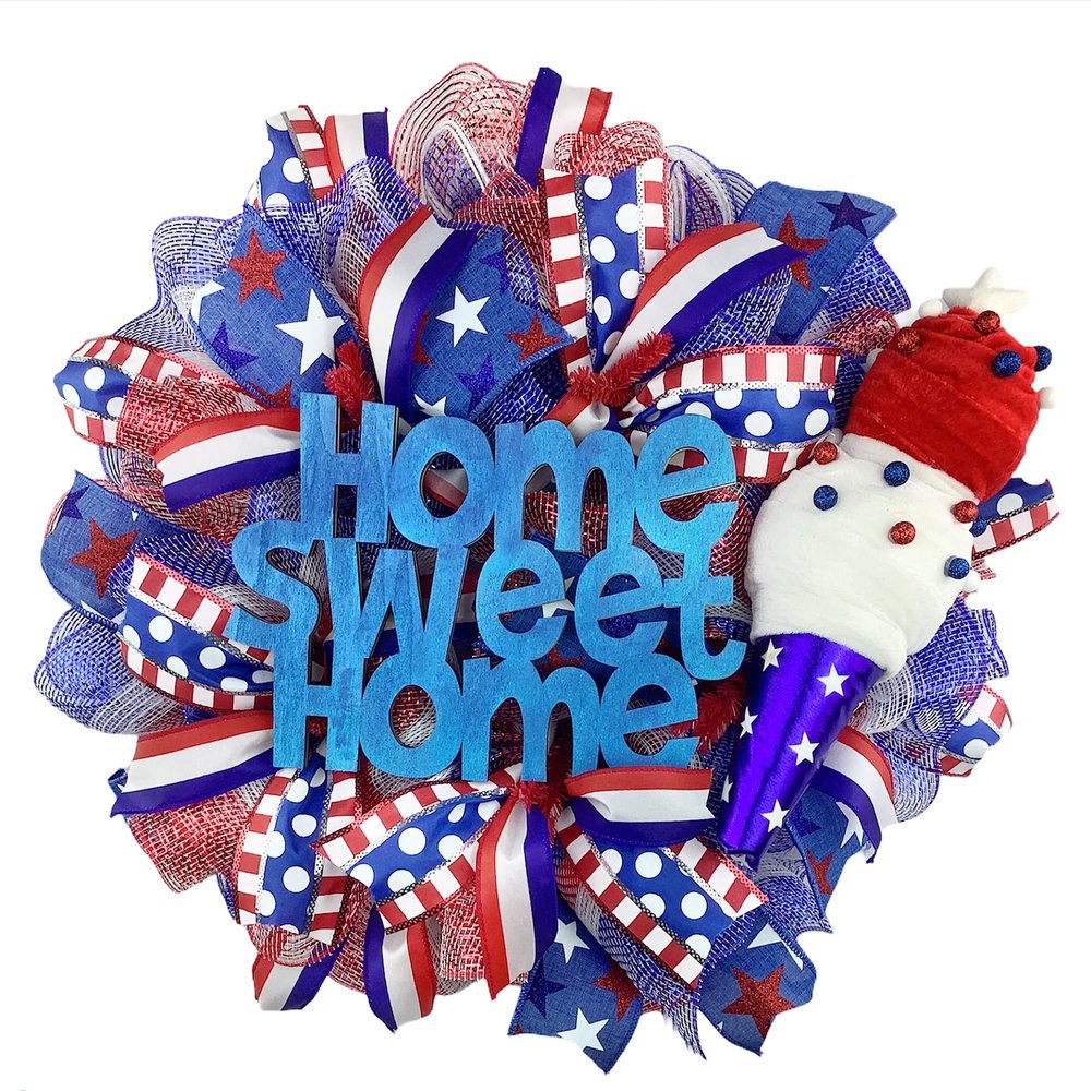 Artisan Patriotic Home Sweet Home Ice Cream Red White and Blue Wreath for Front Door Outside, Independence Day, July 4th Decorations