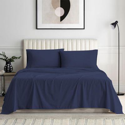 Apsley Linen Damask Stripe Combed Cotton 4-PCs Sheet Set Fits Mattress 18-21'' Deep Pocket Luxurious Bedding Set Heavy Rich Quality Sateen Weave Silky Soft Breathable (Emperor, Navy Blue)