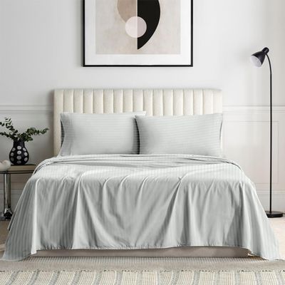 Apsley Linen Damask Stripe Combed Cotton 6-PCs Sheet Set (1 Fitted, 1 Flat, 4 Pillowcase) Fits 18-21'' Deep Pocket Heavy Rich Quality Sateen Weave Silky Soft Breathable (King, Silver Grey)