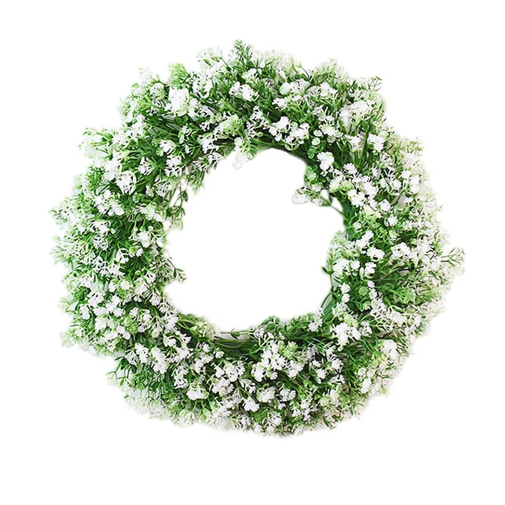 Artificial Breath Wreath Gypsophila Faux Greenery Green Leaves Garland Hanging for Front Indoor Outdoor Wedding Window Green