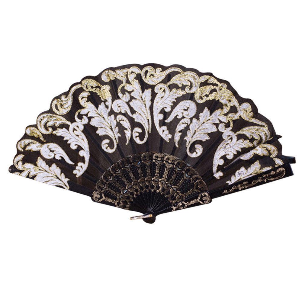 DUO ER Chinese/Spanish Style Dance Wedding Party Lace Silk Folding Hand Held Flower Fan (Color : Black)